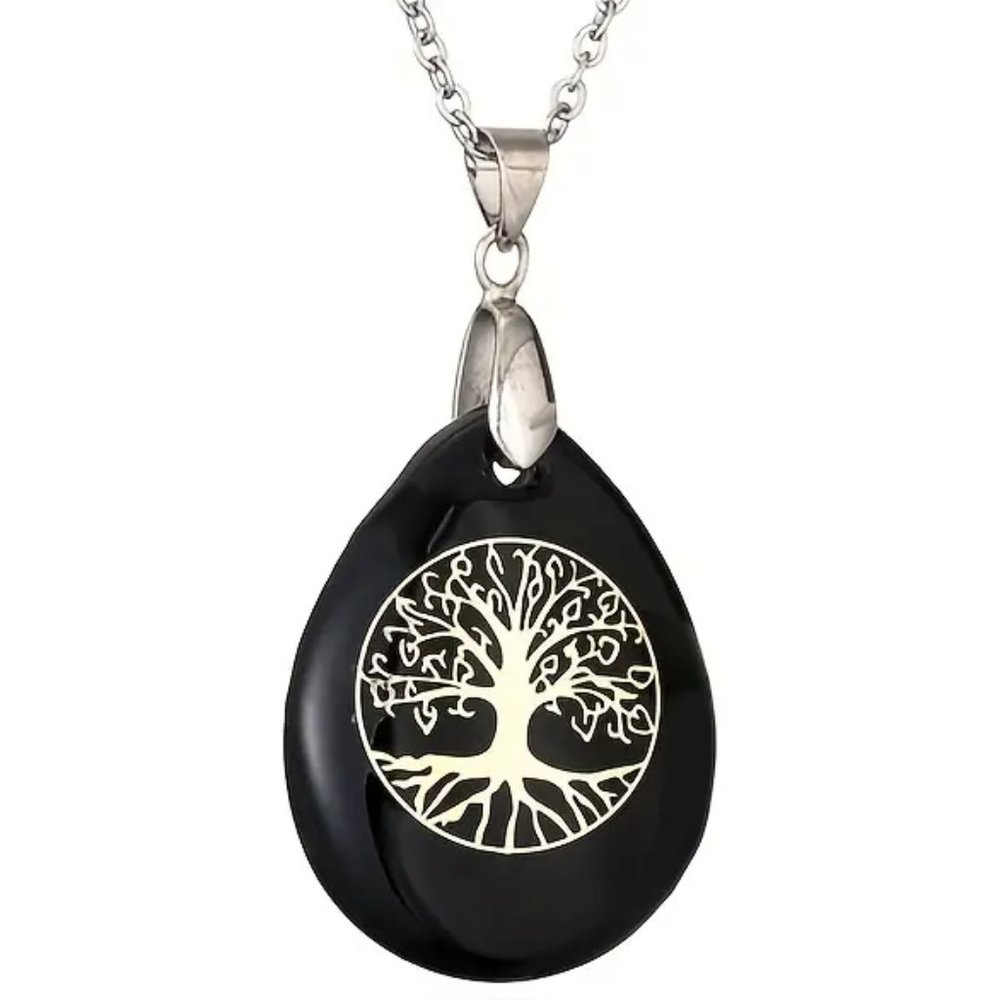 Black Obsidian Tree Of Life Natural Stones Necklace Gemstone Healing Pendant